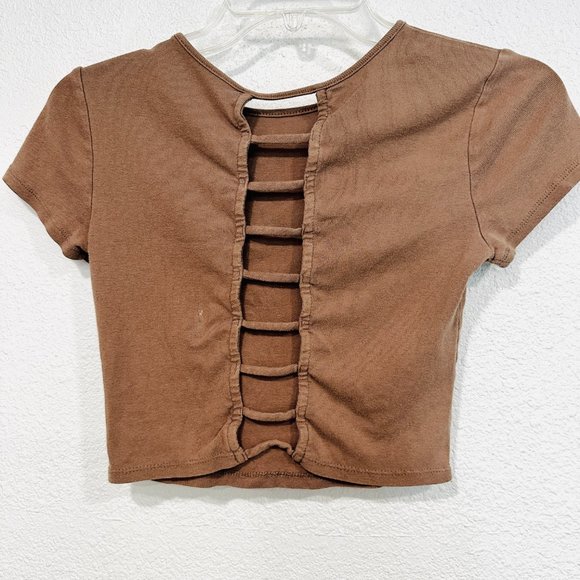 Home Girl Society Crop Top Lattice Back Butterfly CHANGE IS BEAUTIFUL Brown XS - Picture 2 of 7